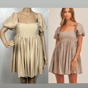 Market Linen Blend Puff Sleeve Mini Babydoll Dress In Beige Size L